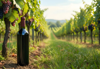 Naklejka premium Wine production and viticulture, red wine bottle in a vineyard with ripe grapes and green leaves on a sunny day