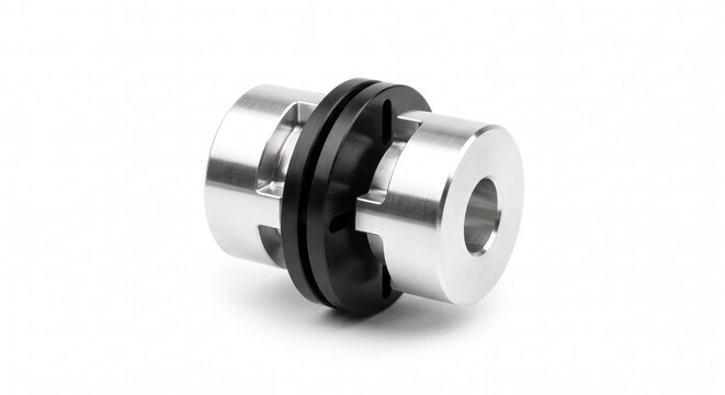 Three-piece Oldham style servo coupler with aluminum hubs and black acetal central torque disc. Precision motion transmission hardware for robotics and automation, isolated on white background.