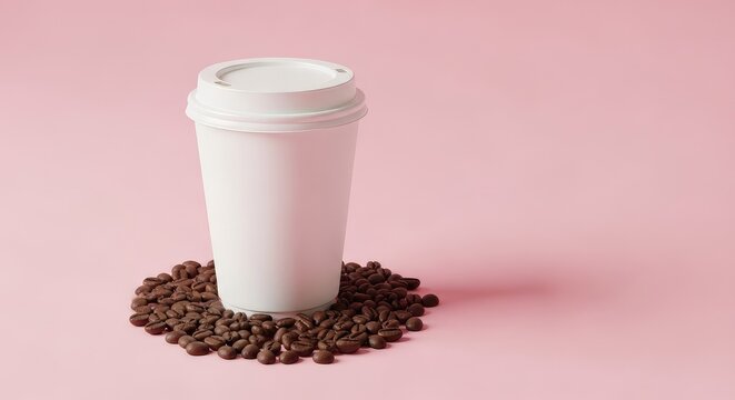 Disposable paper coffee cup with lid surrounded by dark roasted beans on a solid pastel pink surface, perfect for cafe menu backgrounds, pink, caffeine, mocha
