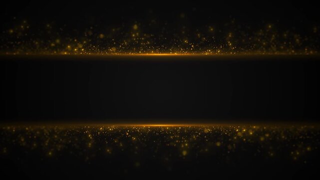 Black luxury banner glowing gold particle bands wide copy area. premium titles, award announcements, wedding messages, sale promotions, logo reveals, event screens, elegant advertising, glitter