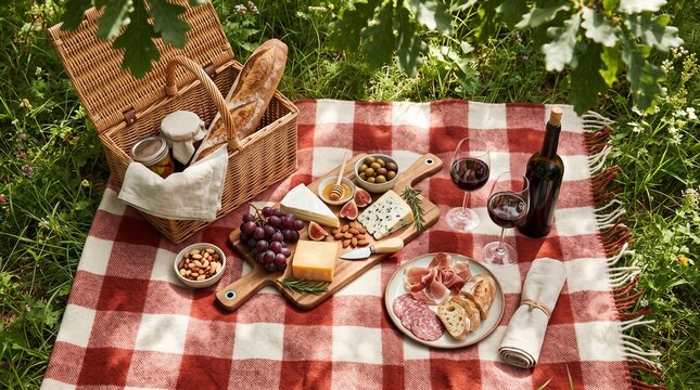 picnic spread with wine, cheese, and charcuterie on a checkered blanket in a lush green garden