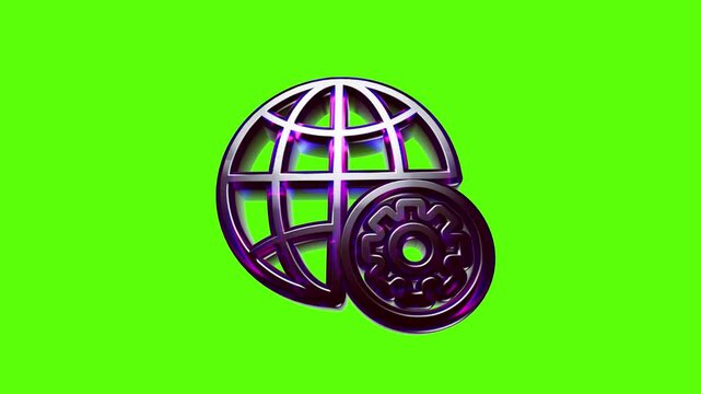 Metallic 3d globe icon with a mechanical gear symbol representing global settings and technical support