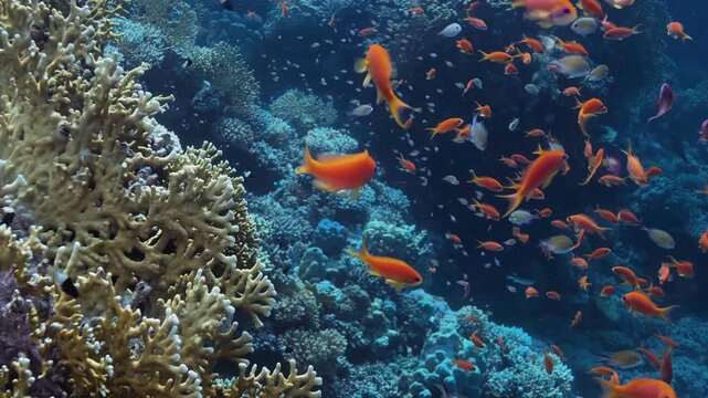 A breathtaking cinematic underwater close-up capturing a shimmering swarm of vibrant female lyretail anthias darting gracefully along a textured hard fire coral wall.