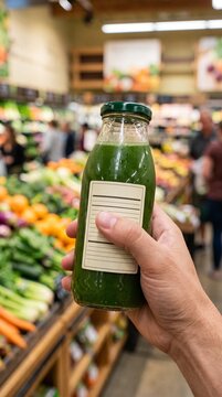 hand holding green smoothie bottle in grocery store produce aisle, healthy shopping concept