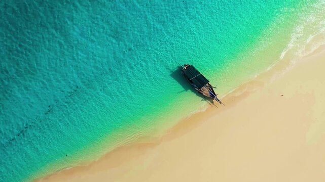 A breathtaking cinematic top-down aerial view capturing a classic wooden dhow boat anchored peacefully on a stunning, crystal-clear white sand beach alongside vibrant turquoise shallows.