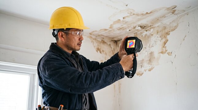 construction worker using thermal camera to inspect water damaged ceiling indoor