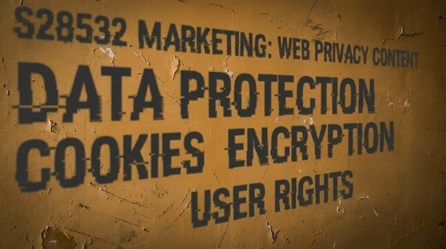 Marketing typography layout illustrating web privacy content using an extended dark projection on a distressed ochre backdrop ad blocking text long shadow yellow background textured paper vintage
