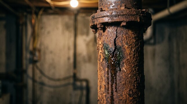 rusty water pipe leaking in dimly lit industrial basement, concept of infrastructure decay