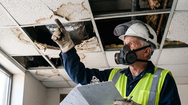 construction worker inspecting damaged ceiling for repair in industrial building