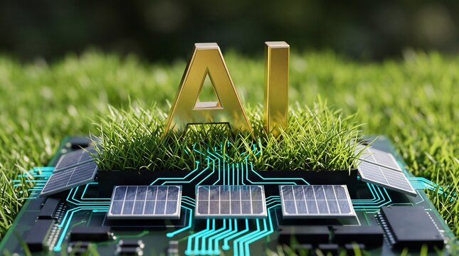 A fusion of nature and technology showcasing AI on a green circuit board, highlighting innovation and sustainability.