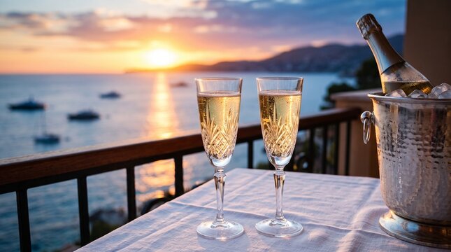 romantic sunset with champagne on seaside balcony, concept of luxury and relaxation