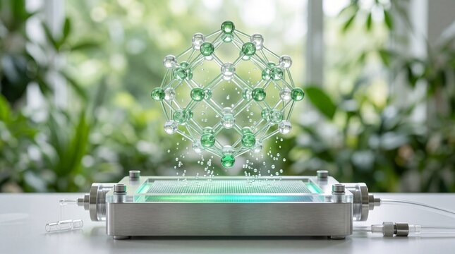 A futuristic device displays a molecular structure amidst lush greenery, symbolizing the intersection of technology and nature.