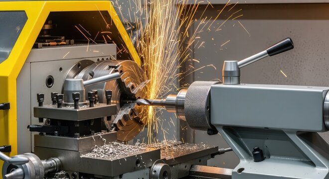 Heavy duty industrial lathe machine spinning a solid steel workpiece as a sharp tool removes material, creating hot metallic shavings, process, cooling, industrial