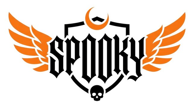 Spooky gothic text logo design with orange wings and a skull emblem on a white background