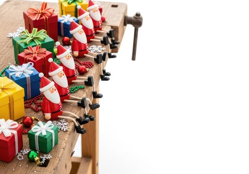 Row of handcrafted wooden toy santas sitting on a rustic workbench among colorful wrapped holiday gift boxes and sparkling decorations, bow, ribbon, surprise