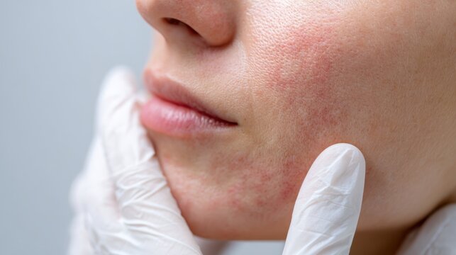 Macro close up of a gloved hand applying gentle pressure to a lupus rash on cheek to assess skin blanching
