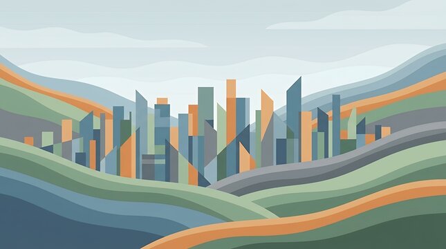 Abstractlayout featuring a panoramic metropolitan skyline with simple geometric silhouettes nestled among sloping valleys city skyline panorama panoramic layout poster banner template hill