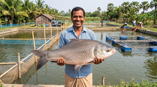 Odisha, India - August 18th 2026: A successful and happy pisciculture farmer holding big fish in hand HD.jpeg