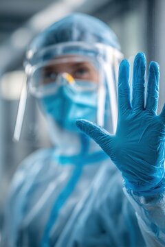 Clinician in full PPE checking face shield anti-fog and gloves before entering isolation room