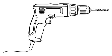 Black and white line art drawing of a handheld power drill tool with a cord for construction and home repair projects isolated for graphic design use © Suman