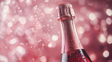 Fototapeta premium Pink Champagne Bottle with Bubbles on Sparkling Background
