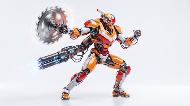 Futuristic Orange Robot Warrior Holding Circular Saw and Plasma Cannon Isolated on White Background 3D Render