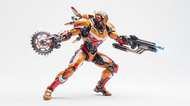 High tech orange cybernetic warrior robot in combat dynamic jumping pose with advanced weapons