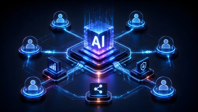 Central AI node projecting artificial intelligence network connections to server nodes on dark digital background