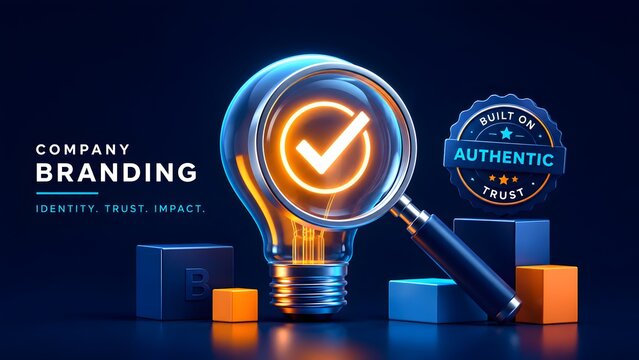 Company branding strategy concept with a glowing lightbulb, checkmark, and magnifying glass representing authentic trust