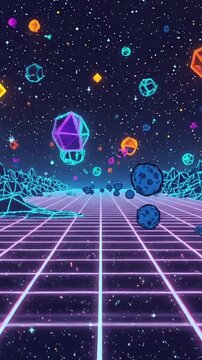 Retro futuristic cyberspace landscape with glowing geometric shapes floating