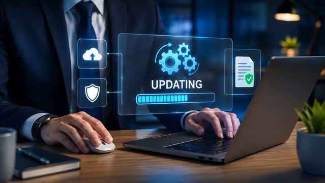 Professional using computer mouse with a floating digital interface showing software update progress