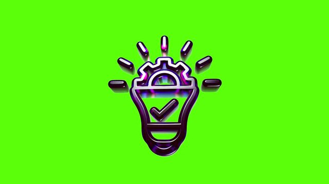 Purple neon light bulb icon with a gear and a check mark symbol representing creative problem solving concept