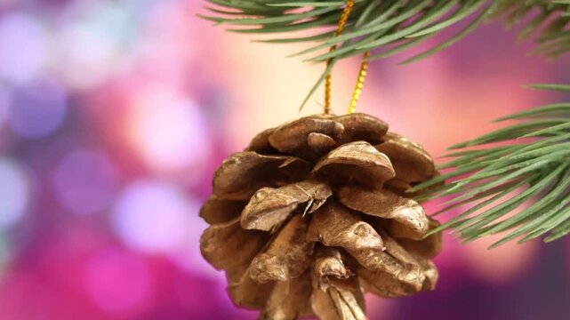 Festive pinecone decoration hanging on a green Christmas tree branch.