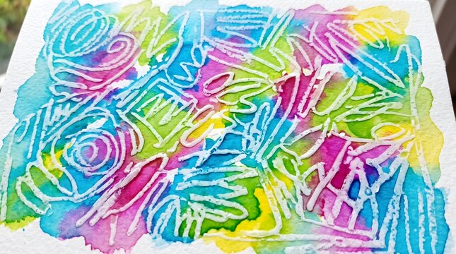 Wax crayon resist revealing bright watercolor channels Background