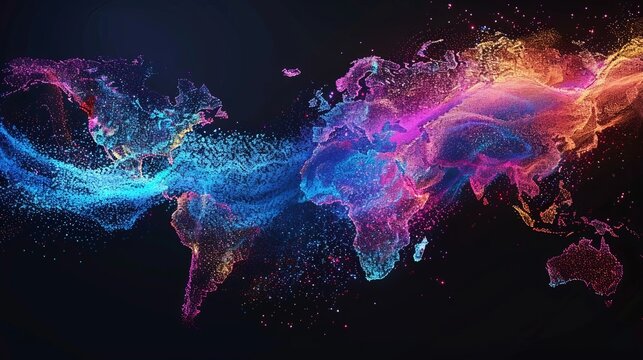 Vibrant abstract map illustrating globalization and geopolitical dynamics in a technological future