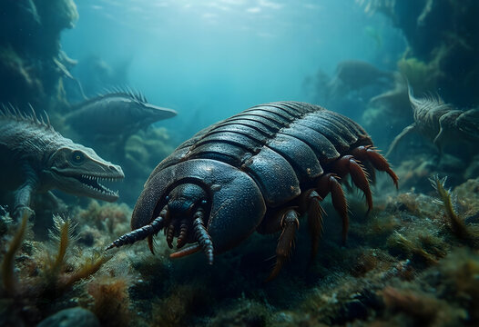 Prehistoric marine life and ancient ocean ecosystem, giant isopod and aquatic reptiles in deep sea environment