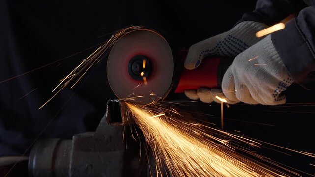 Close-up of a worker cutting steel metal bar with an angle grinder in 4K slow motion. Powerful stream of bright glowing sparks flying from the spinning abrasive cutting wheel, industrial manufacturing