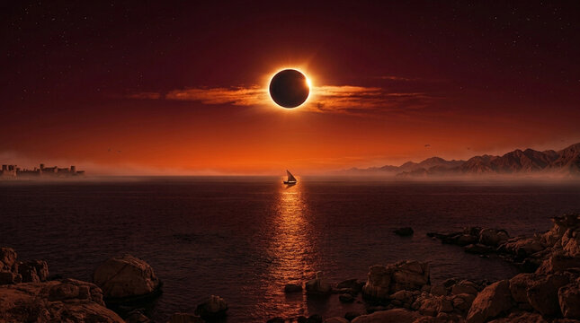 Total solar eclipse in glowing red sky over sailboat on ocean near rocky coast
