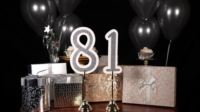 Silver Number 81 with Silver Glitter Sparkles with Gifts and Balloons and Cupcakes for Party Eighty One