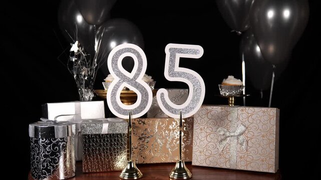 Silver Number 85 with Silver Glitter Sparkles with Gifts and Balloons and Cupcakes for Party Eighty Five