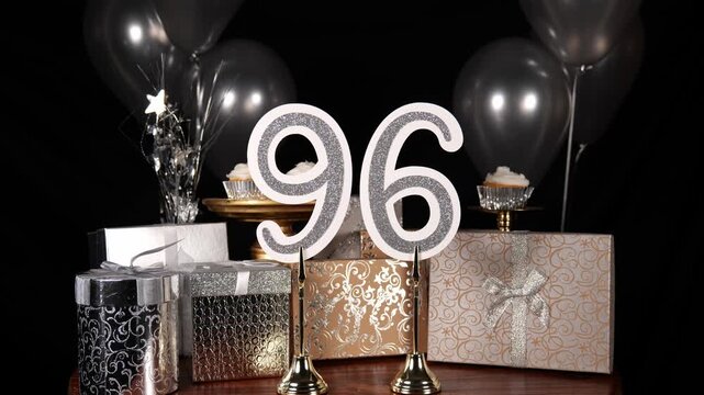 Silver Number 96 with Silver Glitter Sparkles with Gifts and Balloons and Cupcakes for Party Ninety Six