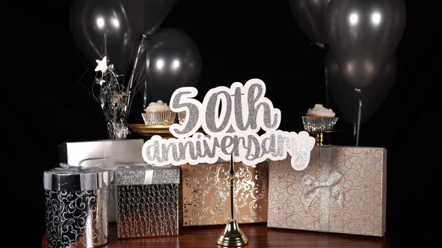 Silver 50th Anniversary Wording with Silver Glitter Confetti Sparkles with Gifts Message Text