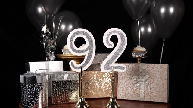 Silver Number 92 with Silver Glitter Sparkles with Gifts and Balloons and Cupcakes for Party Ninety Two