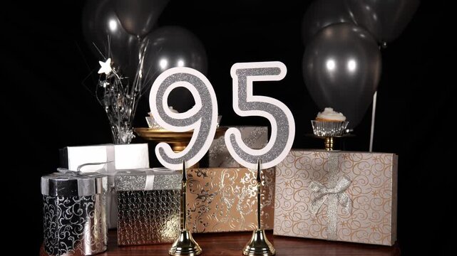 Silver Number 95 with Silver Glitter Sparkles with Gifts and Balloons and Cupcakes for Party Ninety Five