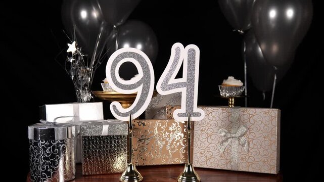 Silver Number 94 with Silver Glitter Sparkles with Gifts and Balloons and Cupcakes for Party Ninety Four