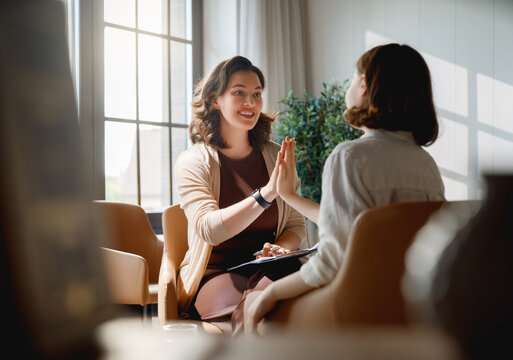 Supportive Female Therapist and Young Client in Light-Filled Office