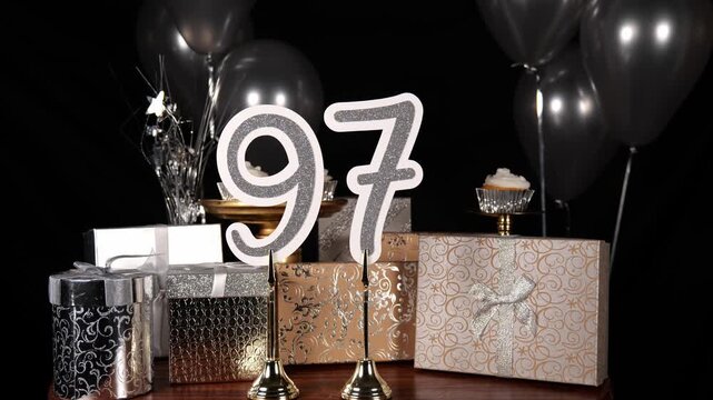Silver Number 97 with Silver Glitter Sparkles with Gifts and Balloons and Cupcakes for Party Ninety Seven