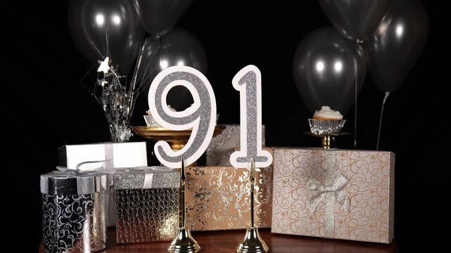 Silver Number 91 with Silver Glitter Sparkles with Gifts and Balloons and Cupcakes for Party Ninety One