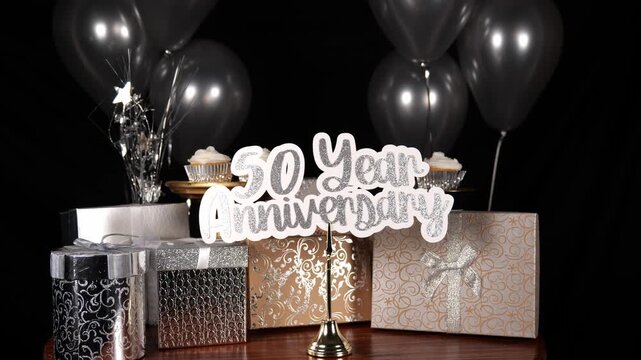 Silver 50 Year Anniversary Wording with Gold Glitter Confetti Sparkles with Gifts Message Text