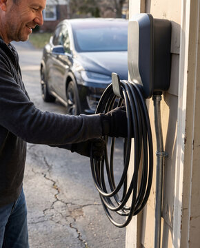 Homeowner coiling an EV charging cable onto a wall-mounted holster hook